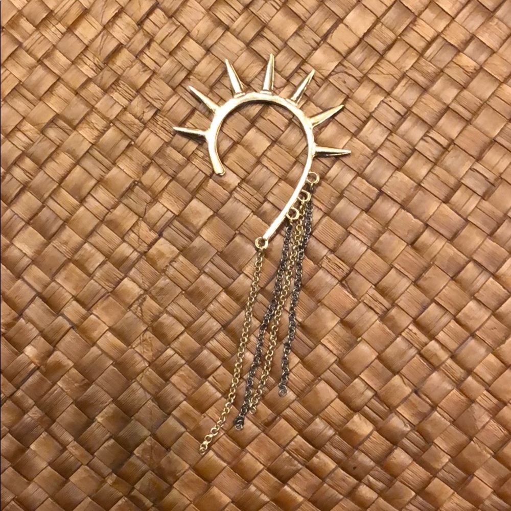 Gold ear cuff with spikes and chain cascade